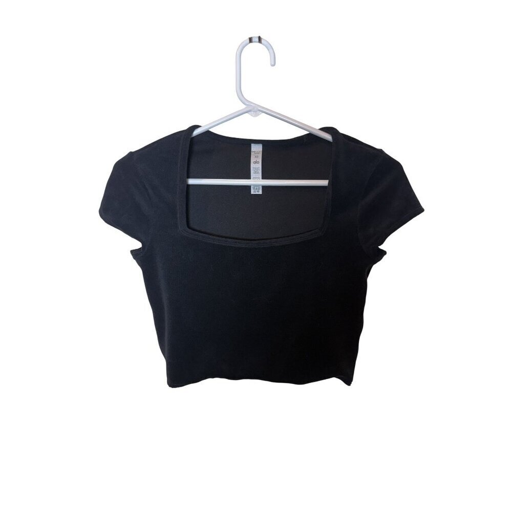 Alo Womens  Black Terry Cloth Cropped Short Sleeve Square Neck Top XS